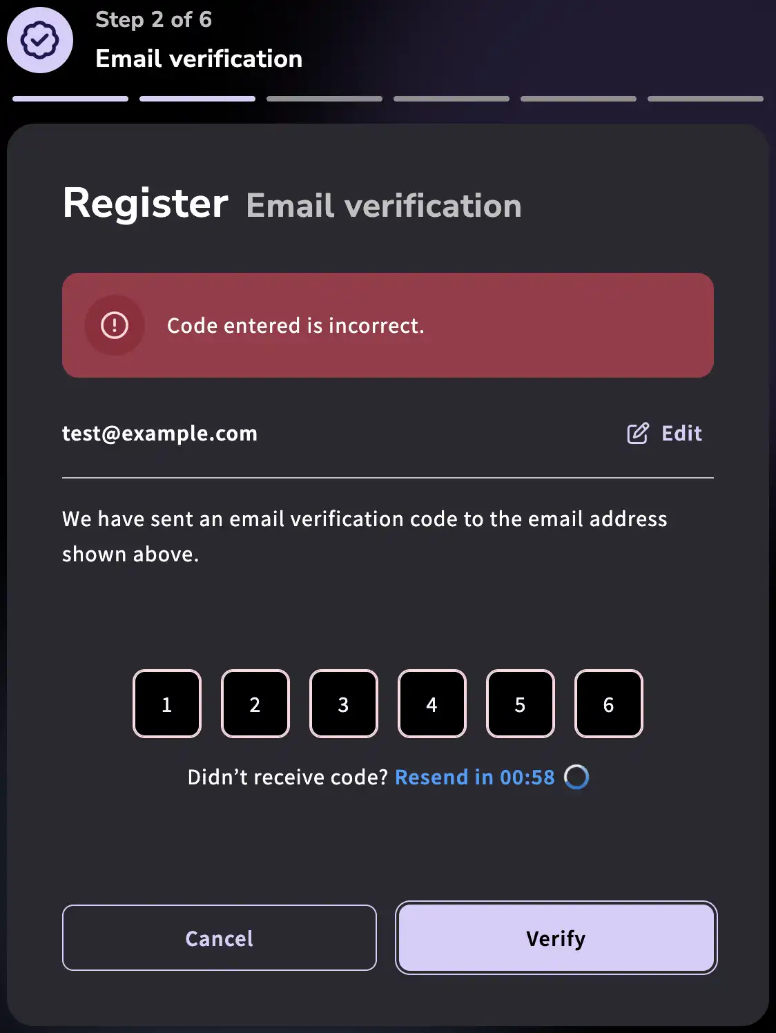Screenshot of the verification code form with 6 digits and a "Code entered is incorrect" error