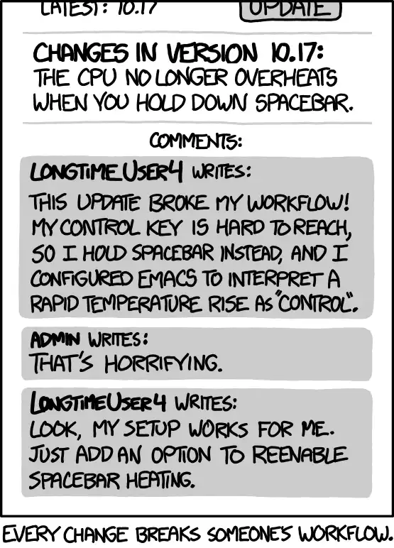 XKCD 1172 "Every change breaks someone's workflow"