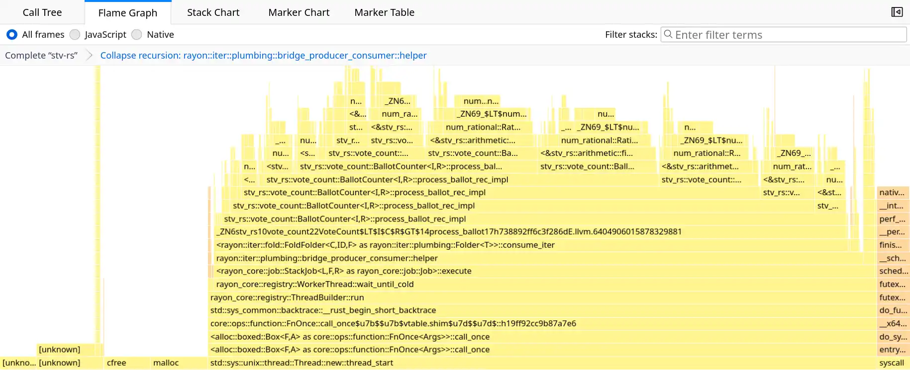 Firefox Profiler: flame graph with recursion collapsed